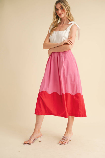 SCALLOPED COLOR BLOCK PINK SCALLOP MIDI DRESS