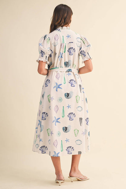 SEASHELL PRINT RUFFLE COLLAR BELTED MIDI DRESS