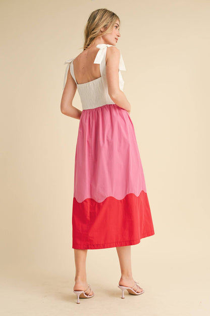 SCALLOPED COLOR BLOCK PINK SCALLOP MIDI DRESS