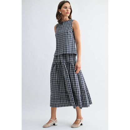 GINGHAM PRINTED PIN TUCK DETAIL MIDI SKIRT - PRE ORDER