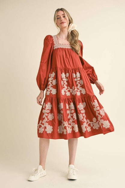 FLORAL EMBROIDERED TIERED MIDI DRESS RUST AMBER SQUARE NECK