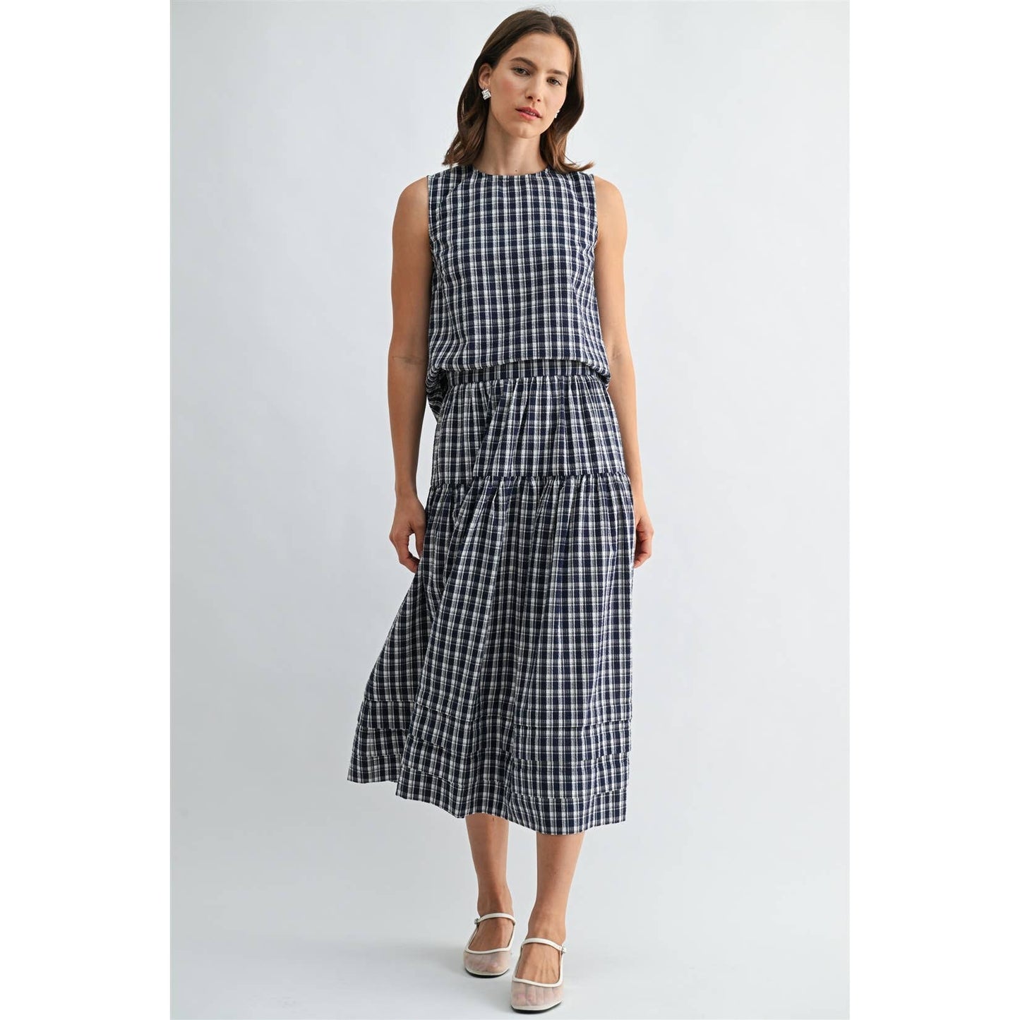 GINGHAM PRINTED PIN TUCK DETAIL MIDI SKIRT - PRE ORDER