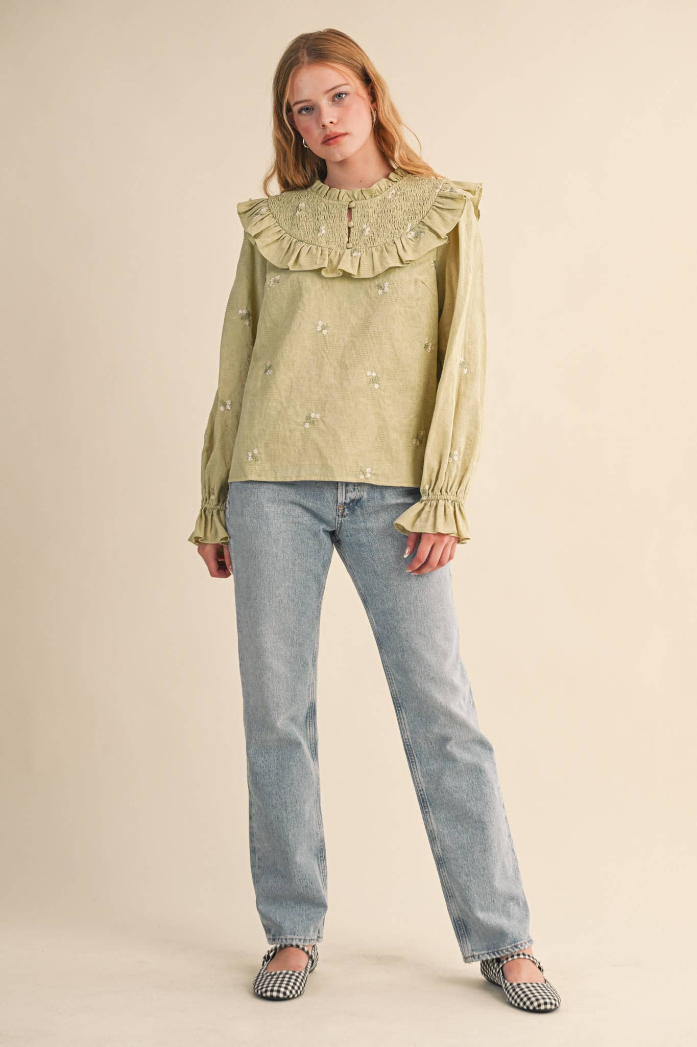 RUFFLED SMOCKED YOKE EMBROIDERED BLOUSE Multiple Color - PRE ORDER