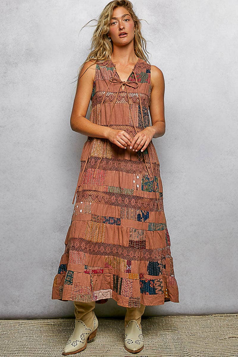 V-neck Lace Trim Patchwork Boho Sleeveless Roomy Pol Fit Dress