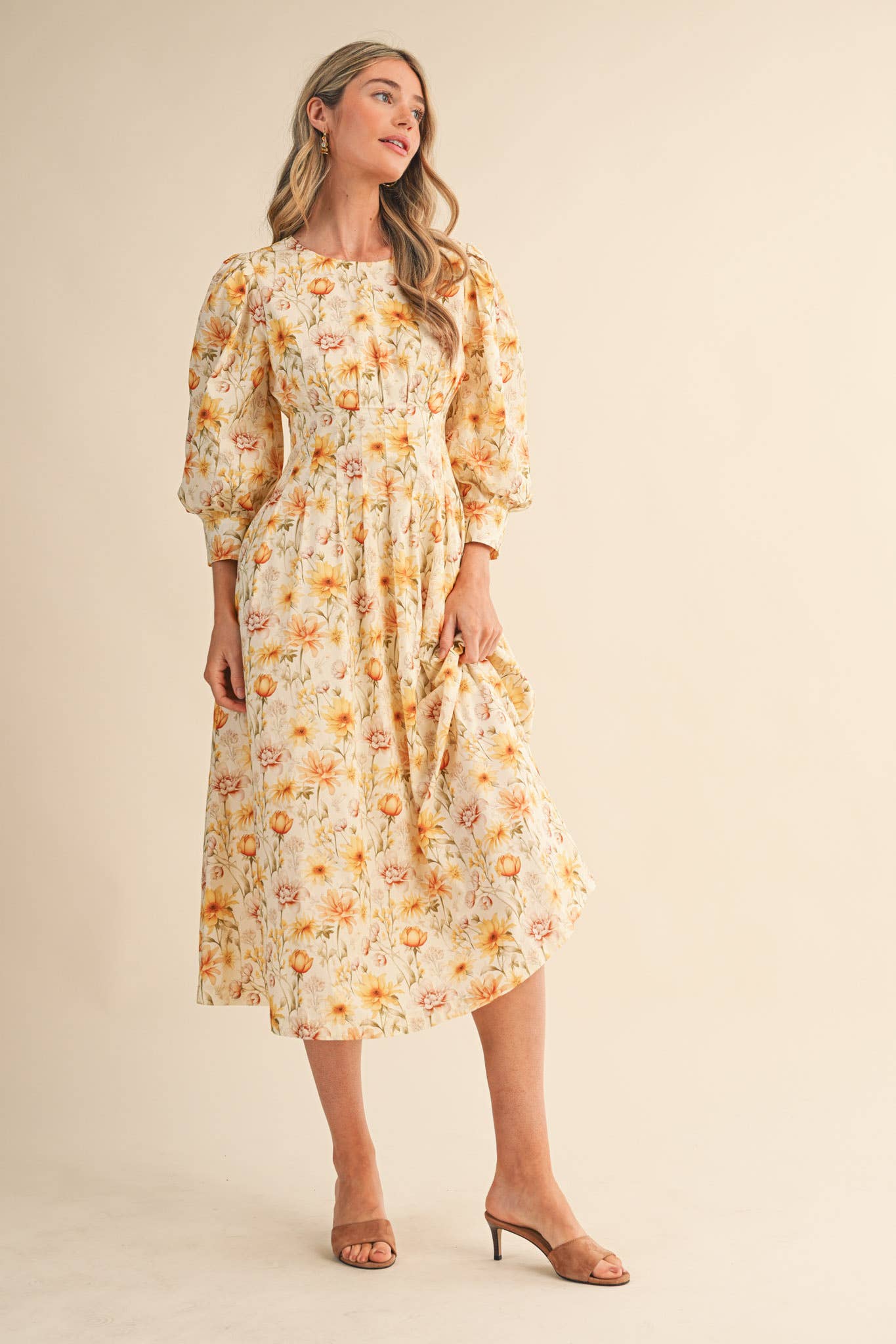 Yellow Floral Pleated Waist Midi Dress