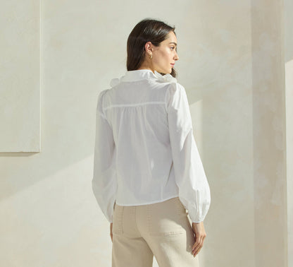 Floral Applique Off White Collared Blouse Top