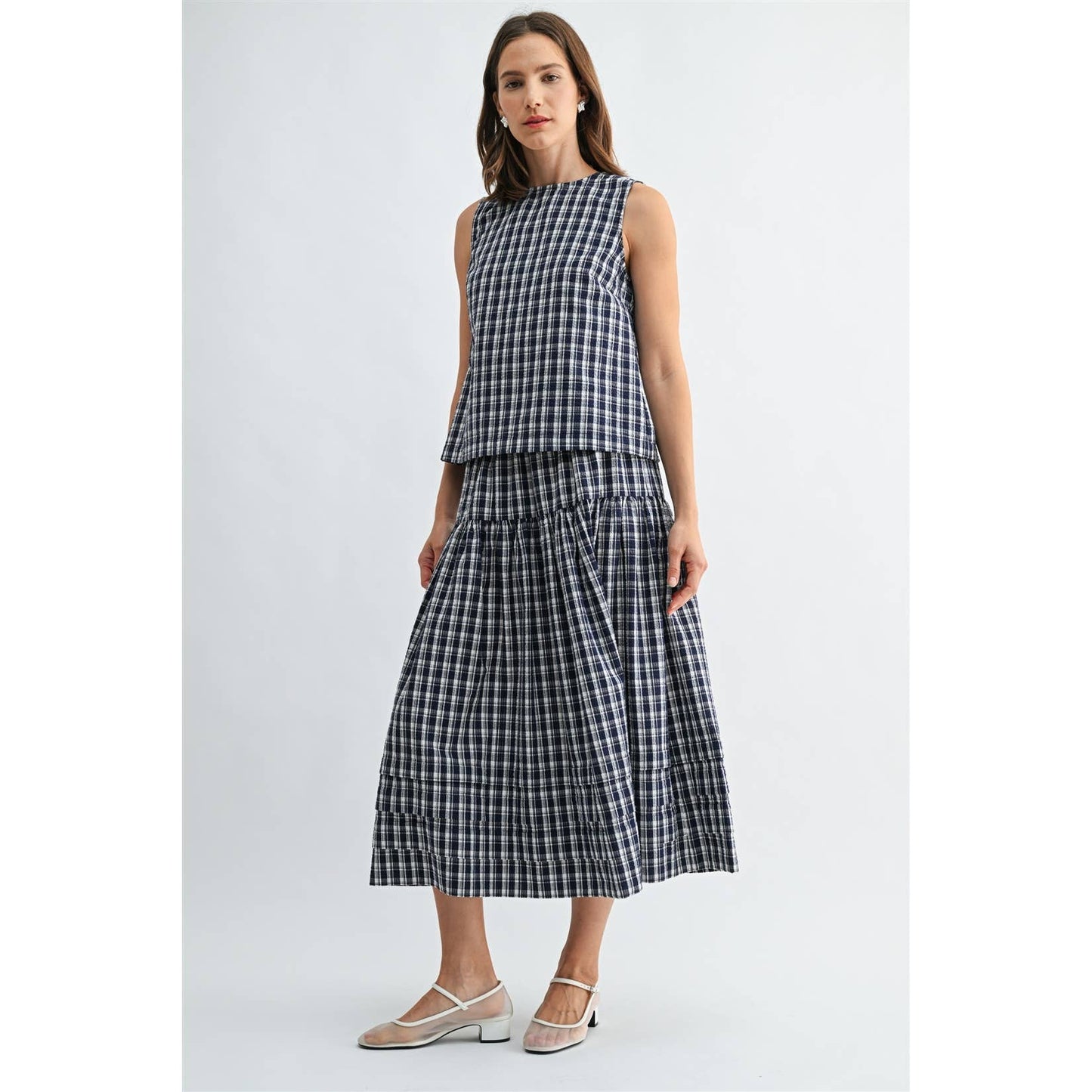 GINGHAM PRINTED PIN TUCK DETAIL MIDI SKIRT - PRE ORDER