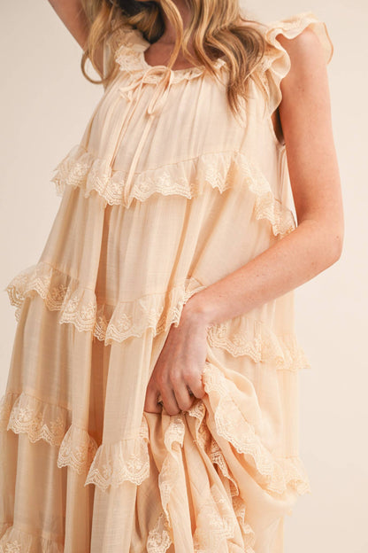TIERED LACE TRIM FLOWY MAXI DRESS RUFFLE BLACK CREAM