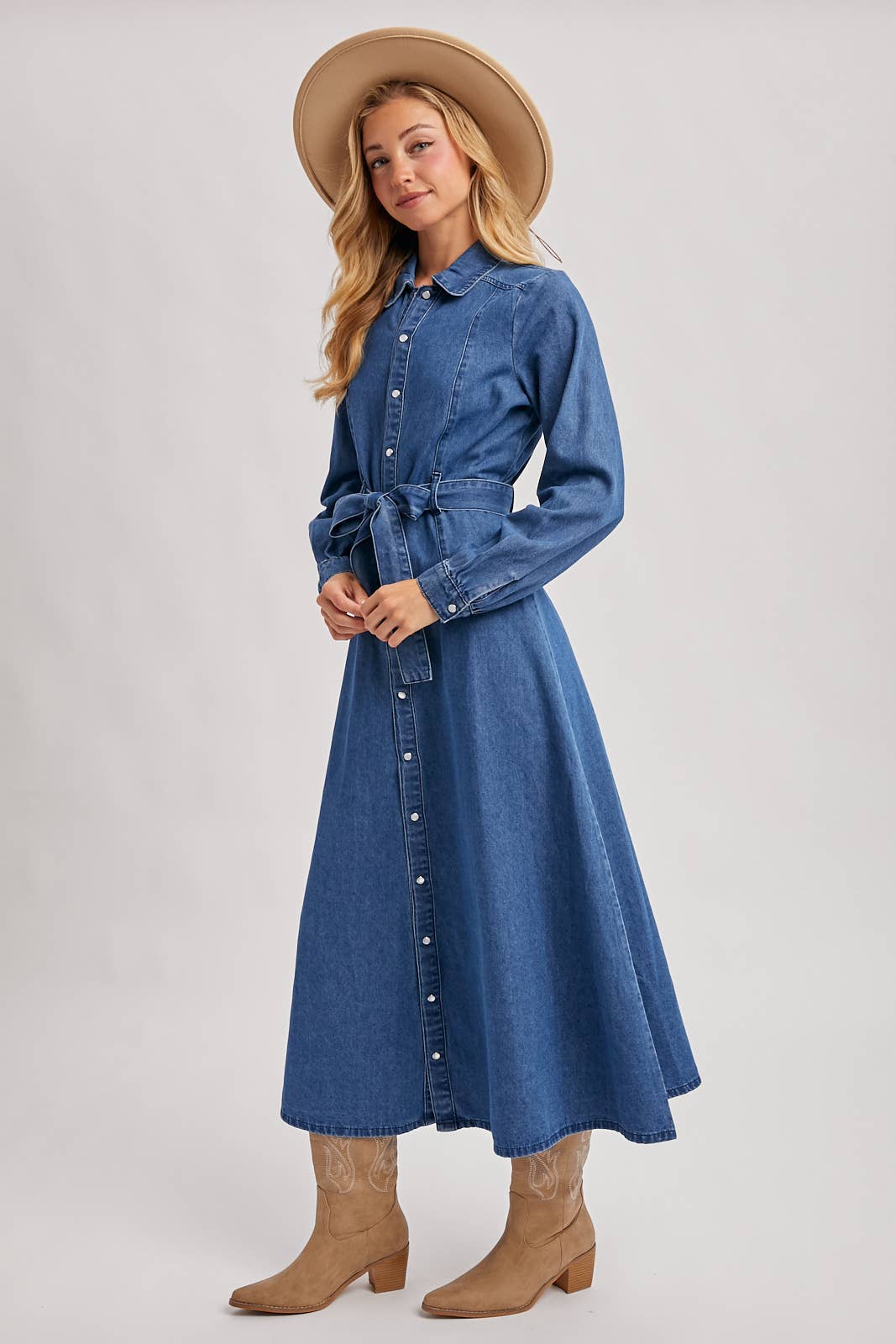 DENIM BUTTON DOWN BELTED SHIRT A-LINE MAXI DRESS