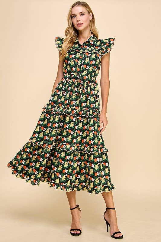 Floral Print Scalloped Detail Midi Dress