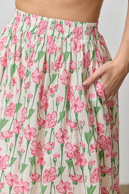 Ditsy Floral High-Waisted A-Line Midi Skirt Top Pink