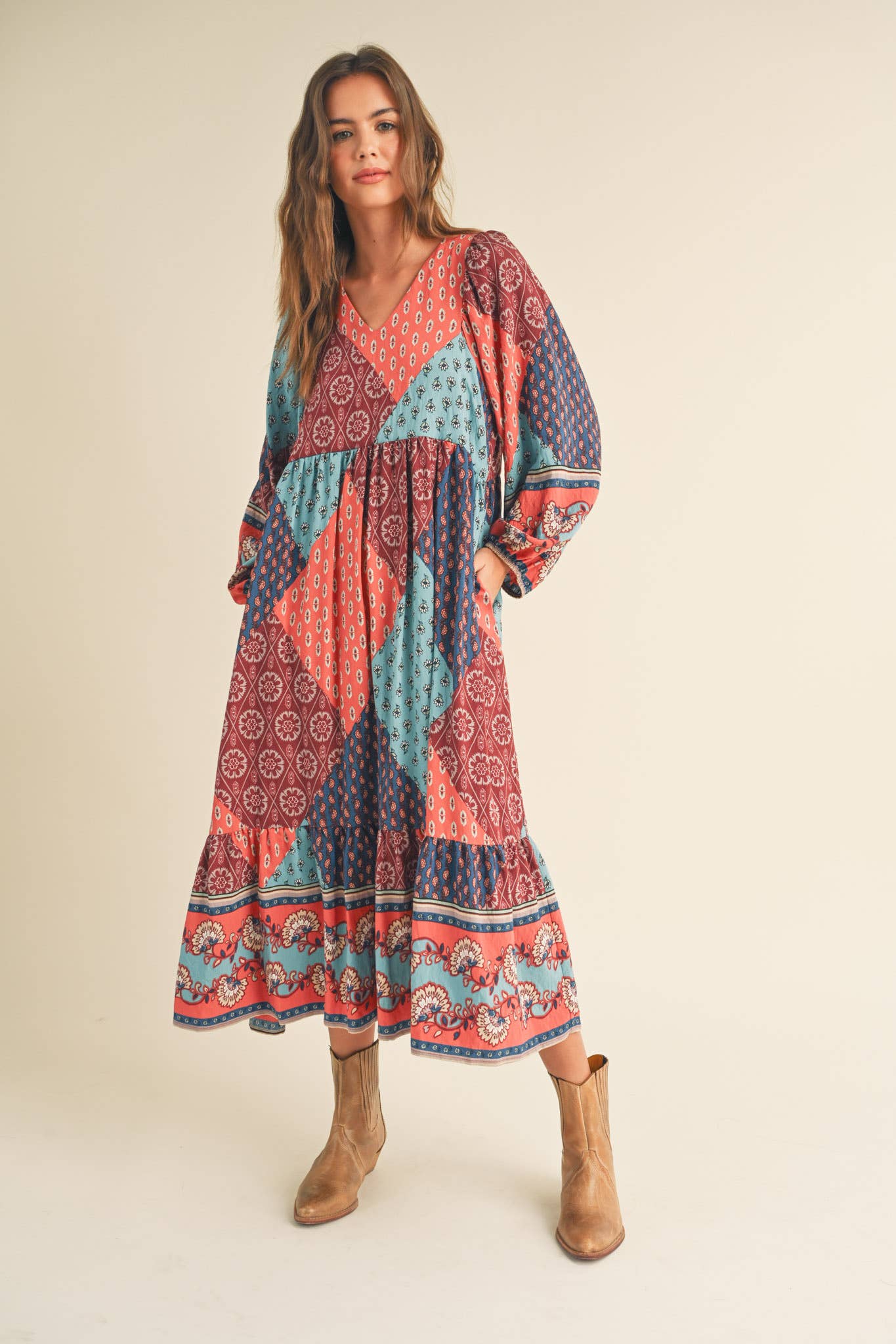 PATCHWORK PRINT BALLOON SLEEVE MIDI DRESS