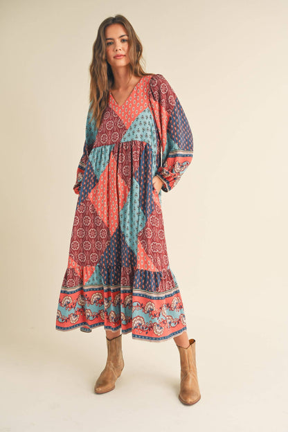 PATCHWORK PRINT BALLOON SLEEVE MIDI DRESS