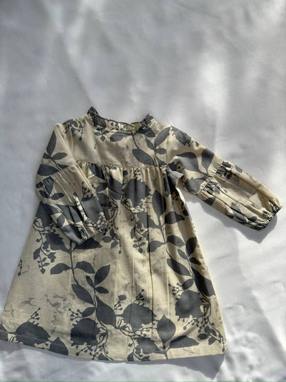 Grey Leaf Printed Gathered Long Sleeve Dress