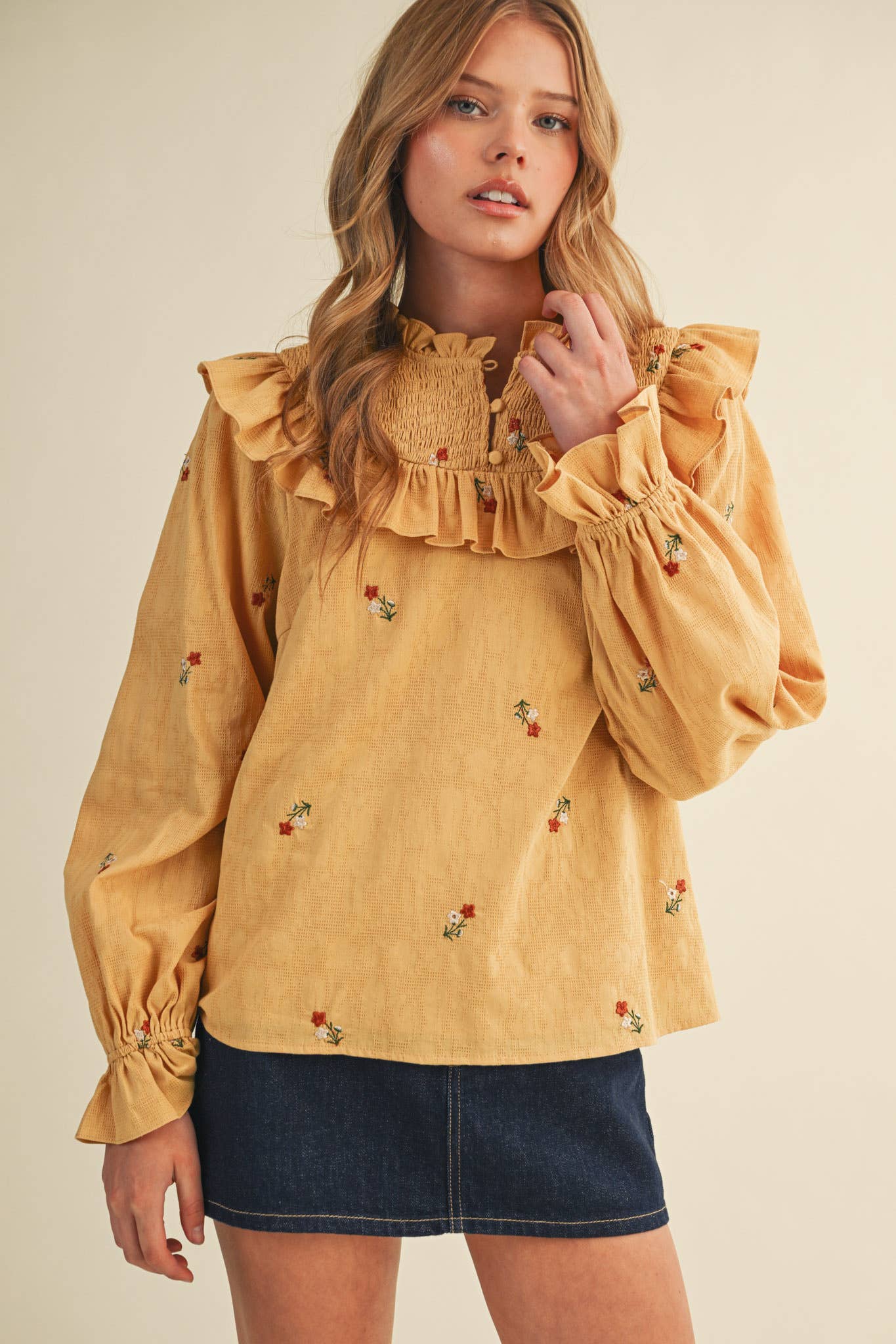 RUFFLED SMOCKED YOKE EMBROIDERED BLOUSE Multiple Color - PRE ORDER