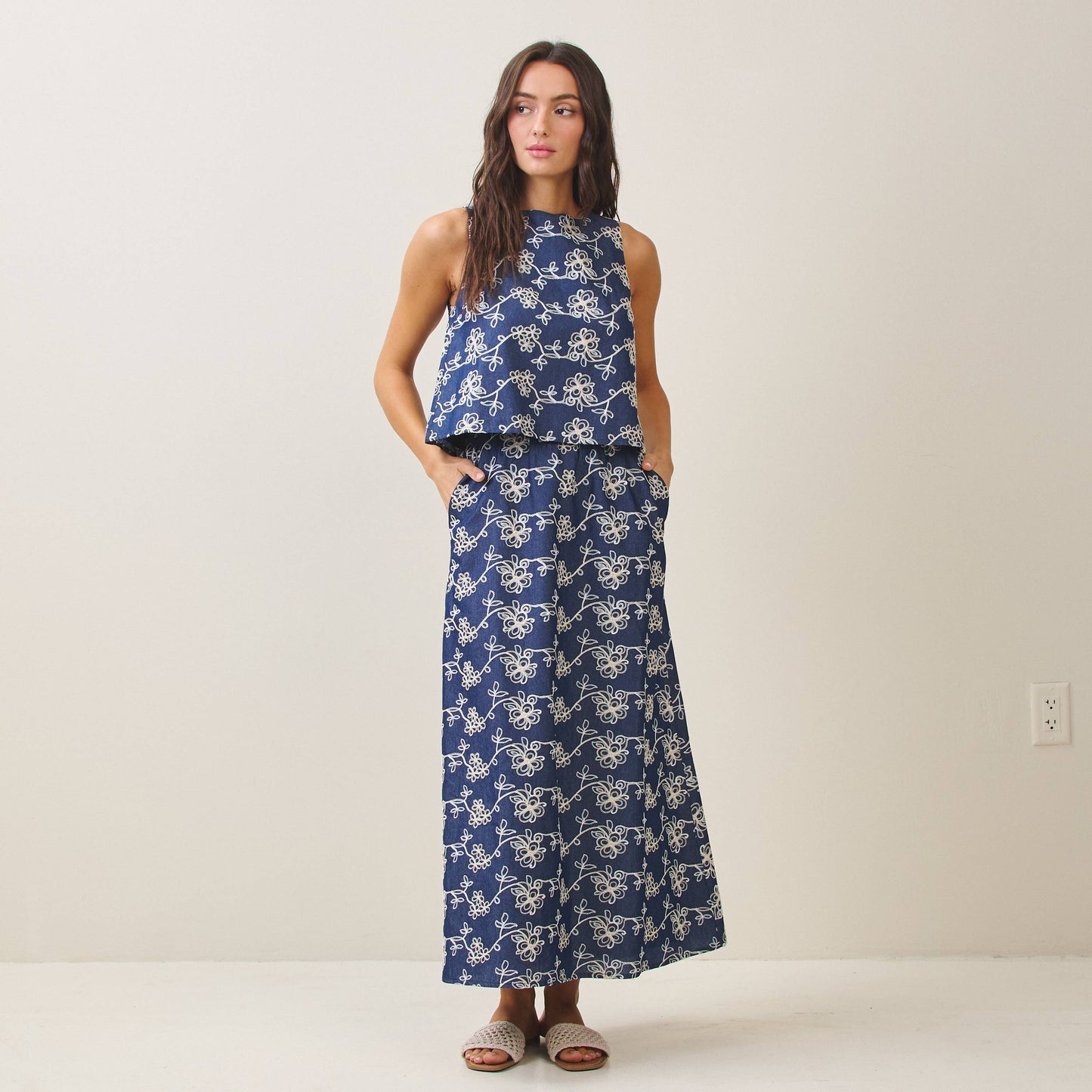 Embroidered Blue/White Top & Skirt Set