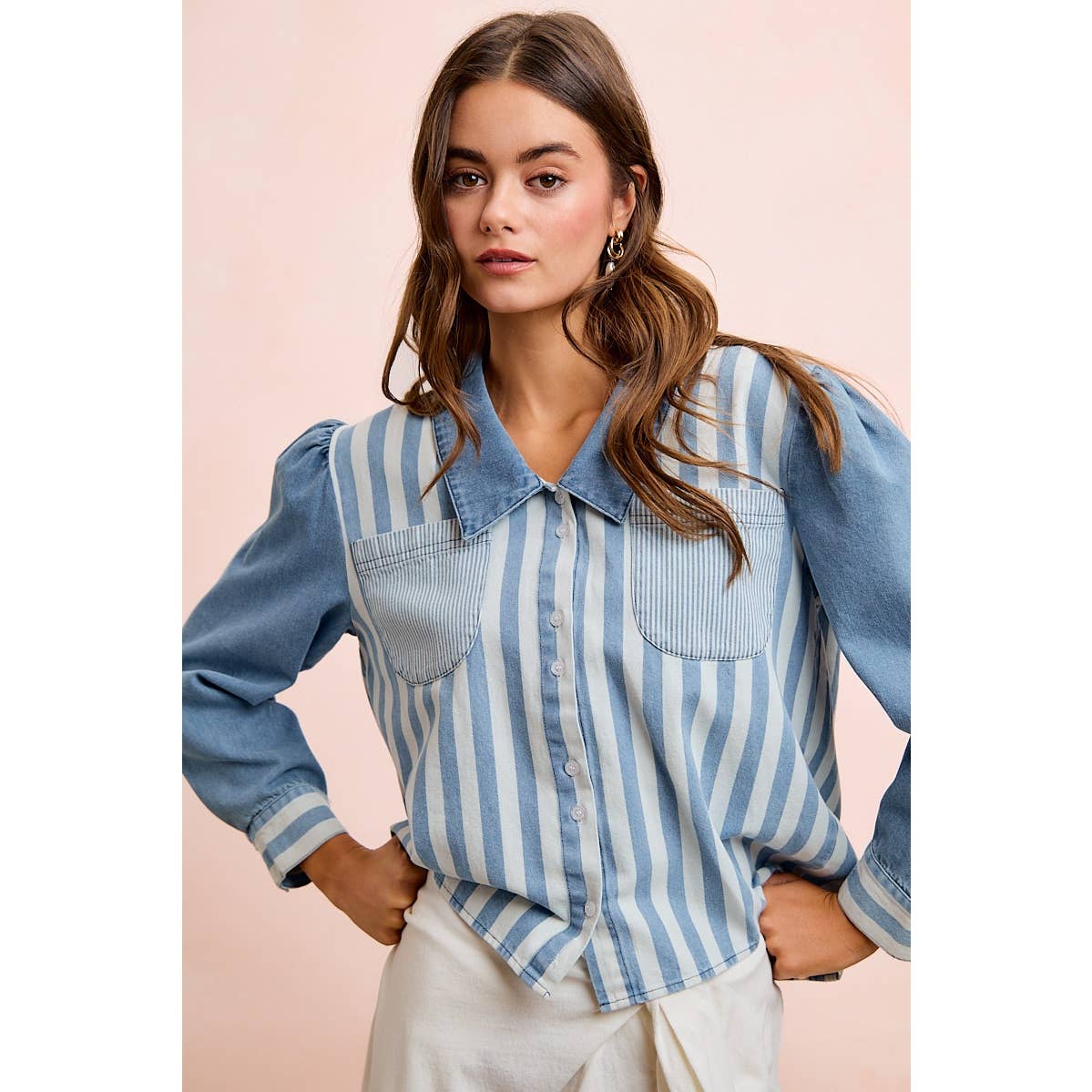 WASHED MULTI STRIPED DENIM BUTTONED SHACKET TOP