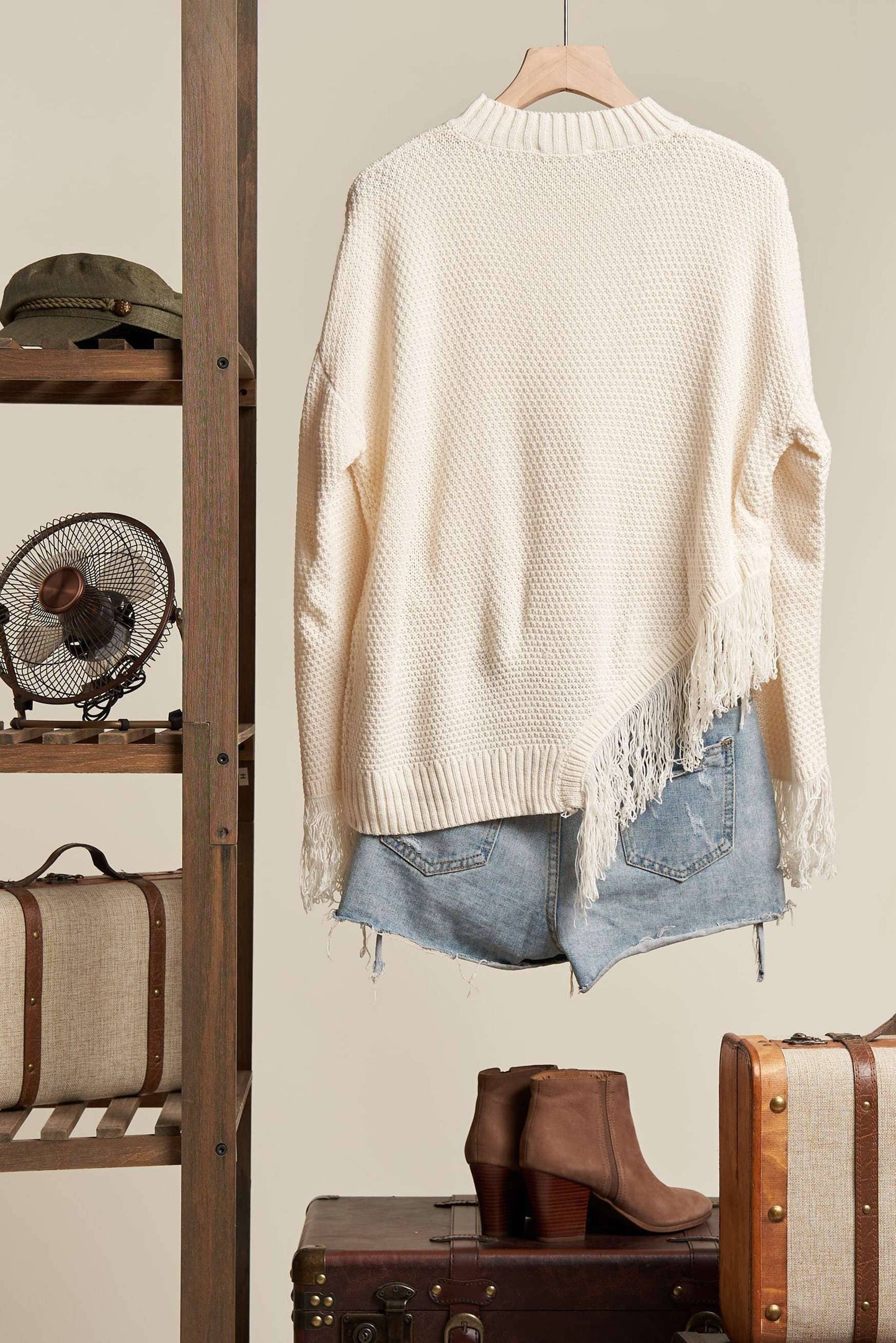 Oversize Round Neck Sweater with Fringe