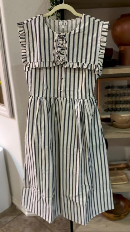 Striped Ruffled Square Collar Front Tie Midi Dres