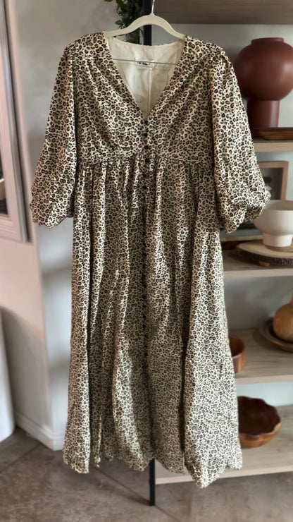 COTTON LEOPARD PRINT BUTTON MAXI DRESS