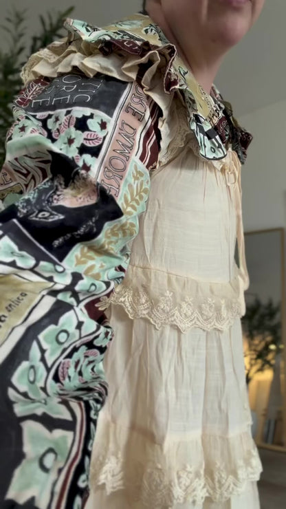 TIERED LACE TRIM FLOWY MAXI DRESS RUFFLE BLACK CREAM